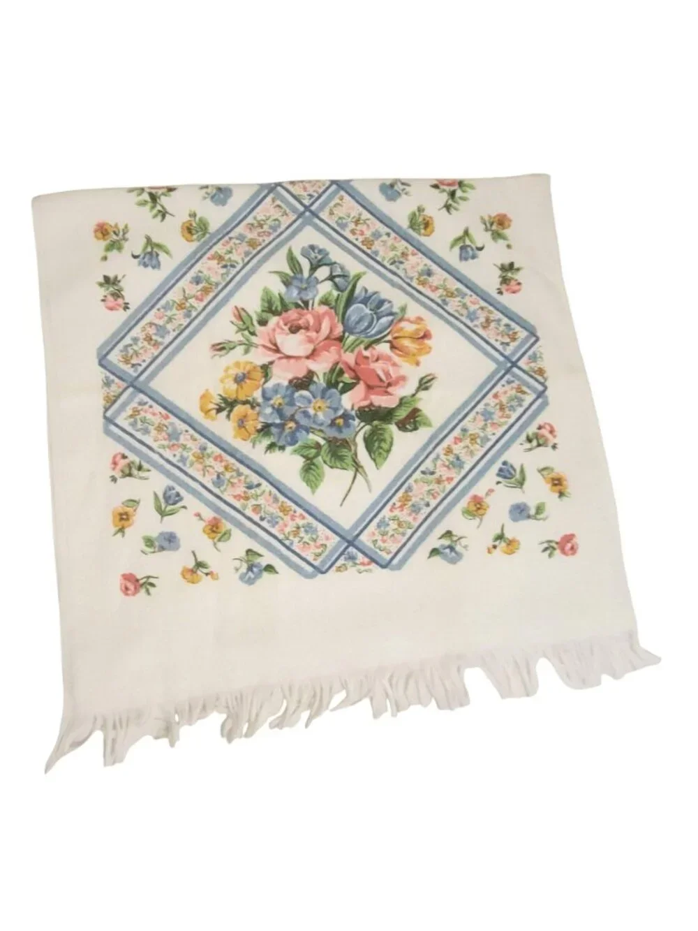 Vtg Lady Pepperell Floral Bath Towel Set Cotton Blend Fringe Blue Pink Made In U